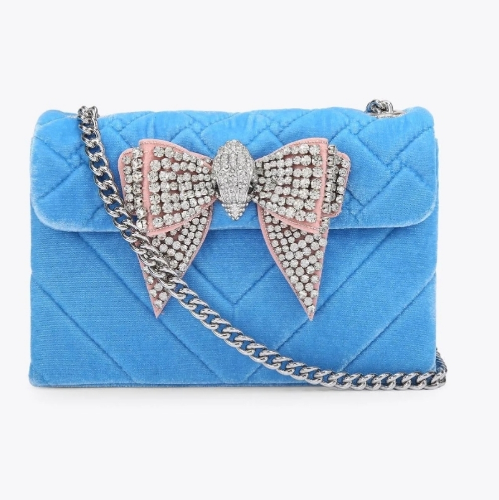Kurt Geiger Blue Velvet Bag with Crystal Bow Rare Nwot & Dustcover